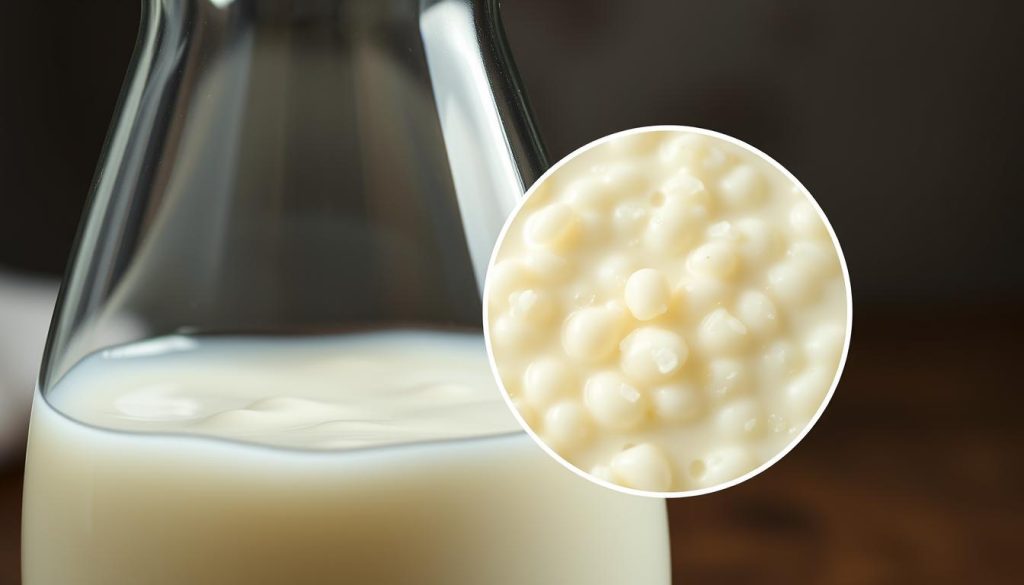 A close-up view of the casein coagulation process, showcasing the transformation of milk into curds and whey. In the foreground, a glass beaker filled with gently simmering milk, the surface rippling with subtle movements. Micrometer-scale details of the casein proteins separating and forming into delicate, snowflake-like structures. In the middle ground, a magnified view of the coagulating milk, revealing the intricate dance of casein micelles and rennet enzymes. The background softly blurred, with a muted palette of earthy tones and a sense of scientific curiosity. Dramatic, high-contrast lighting illuminates the dynamic process, capturing the essence of the science and art behind homemade cheese.