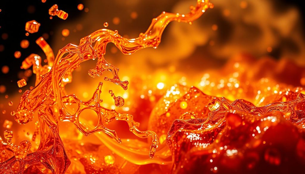 A close-up view of the complex chemical process of melanoidin formation, showcasing the vivid, dynamic interplay of colors. In the foreground, a vibrant cascade of amber, gold, and russet hues swirls and dances, representing the intricate Maillard reactions taking place. The middle ground features a kaleidoscopic array of shimmering reds, oranges, and browns, blending and transforming into a rich, caramelized tapestry. In the background, a hazy, sepia-toned atmosphere sets the stage, evoking the warmth and depth of the browning reactions. Dramatic lighting from multiple angles accentuates the depth and dimensionality of the scene, capturing the essence of this color-enhancing, flavor-producing process. A close-up view of the complex chemical process of melanoidin formation, showcasing the vivid, dynamic interplay of colors. In the foreground, a vibrant cascade of amber, gold, and russet hues swirls and dances, representing the intricate Maillard reactions taking place. The middle ground features a kaleidoscopic array of shimmering reds, oranges, and browns, blending and transforming into a rich, caramelized tapestry. In the background, a hazy, sepia-toned atmosphere sets the stage, evoking the warmth and depth of the browning reactions. Dramatic lighting from multiple angles accentuates the depth and dimensionality of the scene, capturing the essence of this color-enhancing, flavor-producing process.