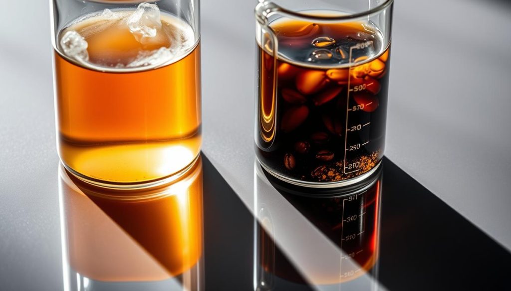 A close-up view of two transparent glass beakers filled with hot and cold coffee, showcasing the temperature differences. The hot coffee appears to be steaming, with a vibrant golden-brown hue, while the cold brew has a deeper, richer color. The beakers are placed on a sleek, reflective surface, casting captivating shadows. Precise lighting highlights the intricate extraction patterns, creating a mesmerizing visual contrast between the two methods. The overall scene conveys a sense of scientific inquiry and the nuanced differences between hot and cold coffee brewing.