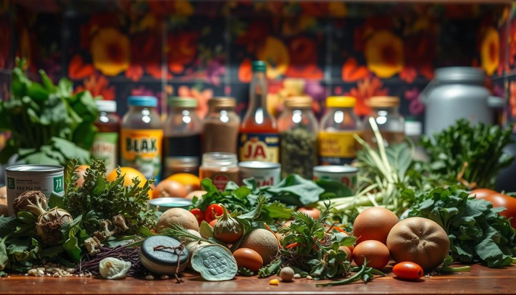 A cluttered kitchen counter with a disorganized array of low-quality ingredients meant for making a basic soup base. The foreground features wilted vegetables, stale herbs, and questionable canned goods in haphazard positions. The middle ground includes blurry jars of dubious spices and a half-empty bottle of soy sauce. The background is a vibrant explosion of colors, with the scene bathed in harsh, unforgiving lighting that casts deep shadows, highlighting the flaws of the ingredients. The overall atmosphere evokes a sense of culinary disaster, underscoring the importance of carefully selecting high-quality components when crafting a foundational soup base from scratch.