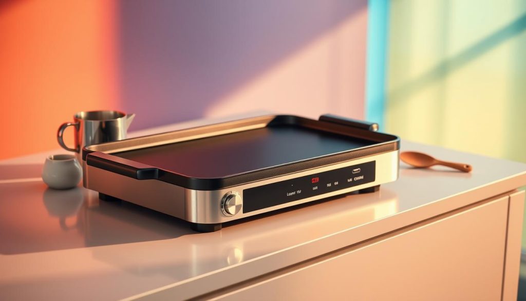 A compact, neatly arranged electric griddle resting on a sleek, minimalist kitchen counter, its metallic surface gleaming under warm, diffused lighting. The griddle's clean, modern design features intuitive controls and a streamlined profile, making it ideal for versatile storage in small spaces. Nearby, a set of measuring cups and a wooden spatula suggest its functionality, while a vibrant, abstract background of shifting hues and gradients adds a dynamic, contemporary feel to the scene, capturing the griddle's energy-efficient, high-performance capabilities.