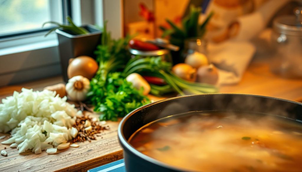 A cozy kitchen counter, bathed in warm evening light, showcases a collection of fragrant ingredients for a homemade soup base. Freshly diced onions, garlic, and ginger radiate an enticing aroma, surrounded by a sprinkling of aromatic spices and herbs. In the foreground, a cast-iron pot simmers with a rich, savory broth, its surface glistening with a subtle sheen. The background features a vibrant explosion of colors, hinting at the depth of flavor and umami notes to come. This scene captures the fundamental elements of crafting a flavorful soup base from scratch, inviting the viewer to dive into the culinary exploration of soup making.