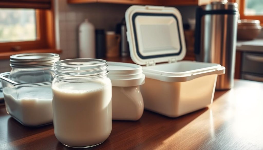 A cozy kitchen counter with an array of DIY yogurt incubation methods. In the foreground, a glass jar filled with warm milk, its surface gently bubbling as the yogurt culture activates. Beside it, a simple styrofoam cooler, its lid ajar, revealing the incubating yogurt within. In the background, a sleek stainless steel thermos, its contents maintaining the perfect temperature for culturing. Soft, natural lighting from a nearby window bathes the scene in a warm, vibrant glow, highlighting the vibrant moving colors of the fermentation process. The overall atmosphere exudes a sense of homemade simplicity and the satisfying process of crafting your own yogurt.