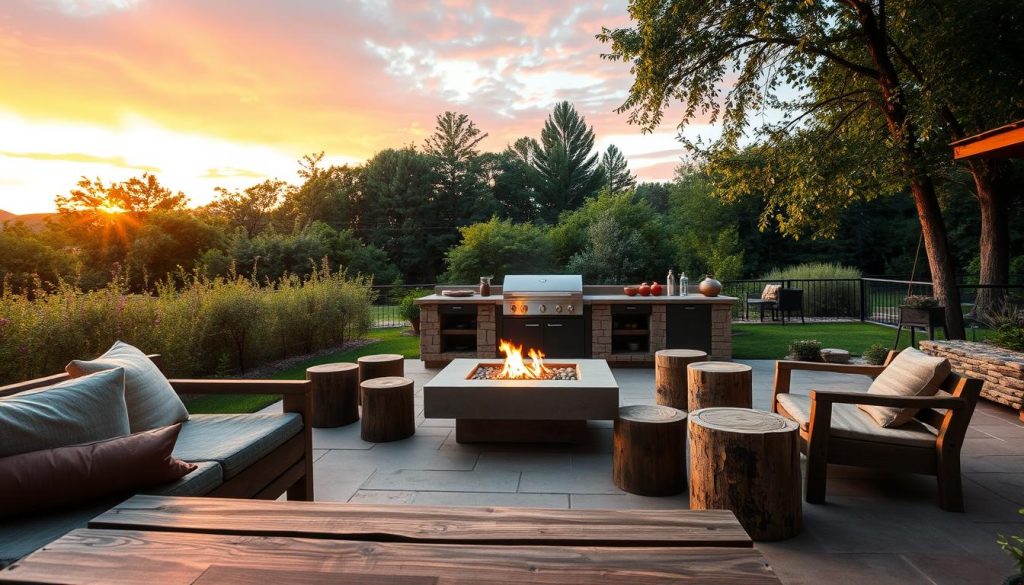A cozy outdoor kitchen seating arrangement with a rustic, natural vibe. In the foreground, a wooden bench with plush cushions invites guests to lounge. Surrounding it, a half-circle of weathered log stools creates an intimate gathering space. In the middle ground, a sleek, modern fire pit emits a warm, flickering glow, casting a golden light across the scene. In the background, lush greenery and towering trees create a tranquil, secluded atmosphere. Vibrant, exploding colors in the sunset sky paint the scene with a vibrant, cheerful ambiance. Captured with a wide-angle lens to showcase the entire arrangement in a natural, inviting composition.