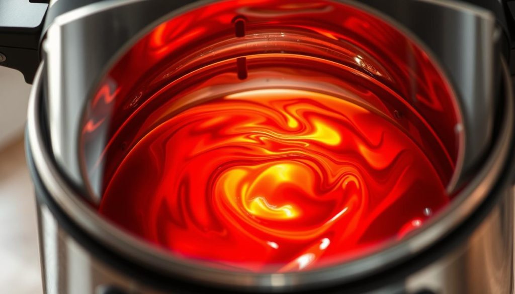A cross-section of a pressure cooker showcasing the dynamic levels of simmering liquid within, illuminated by a soft natural light filtering through the transparent lid. The liquid swirls and dances, its vibrant hues of amber and crimson reflecting the heat and pressure that powers the cooking process. The sleek stainless steel exterior frames the action within, accentuating the technical precision and science behind pressure cooking that transforms simple ingredients into flavorful, nourishing meals.