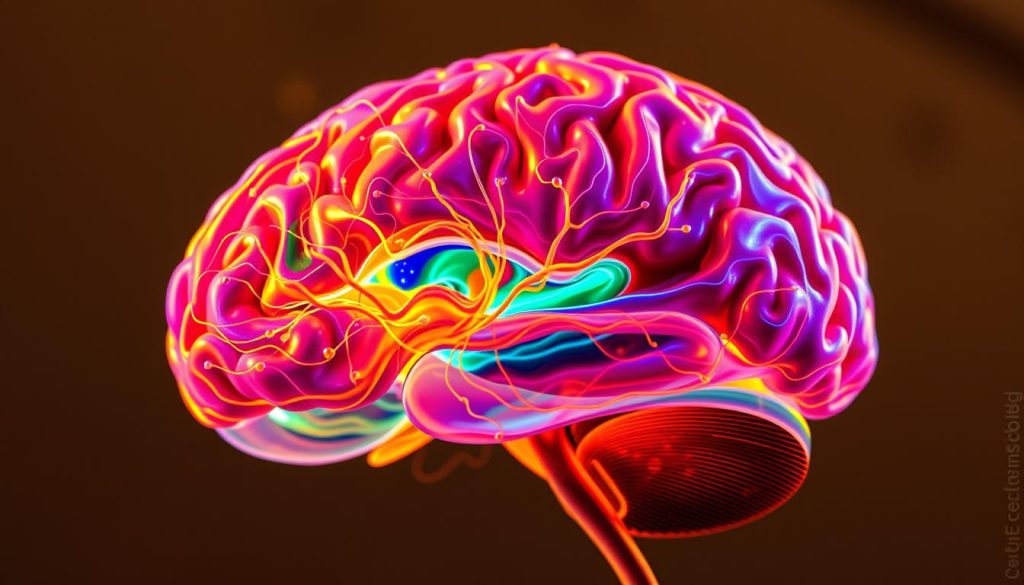 A cross-section of the human brain, showcasing the intricate neural pathways responsible for food perception. Vibrant, undulating waves of color represent the dynamic electrical impulses that transmit sensory information from the tongue, nose, and mouth to the gustatory cortex. Delicate, branching neuronal structures intertwine, creating a mesmerizing visual symphony that captures the neuroscience behind the experience of crunch and creaminess. The scene is illuminated by a warm, natural light, casting subtle shadows and highlighting the depth and complexity of the neural network. The image conveys a sense of wonder and discovery, inviting the viewer to explore the hidden mechanisms that shape our sensory experience of food. A cross-section of the human brain, showcasing the intricate neural pathways responsible for food perception. Vibrant, undulating waves of color represent the dynamic electrical impulses that transmit sensory information from the tongue, nose, and mouth to the gustatory cortex. Delicate, branching neuronal structures intertwine, creating a mesmerizing visual symphony that captures the neuroscience behind the experience of crunch and creaminess. The scene is illuminated by a warm, natural light, casting subtle shadows and highlighting the depth and complexity of the neural network. The image conveys a sense of wonder and discovery, inviting the viewer to explore the hidden mechanisms that shape our sensory experience of food.