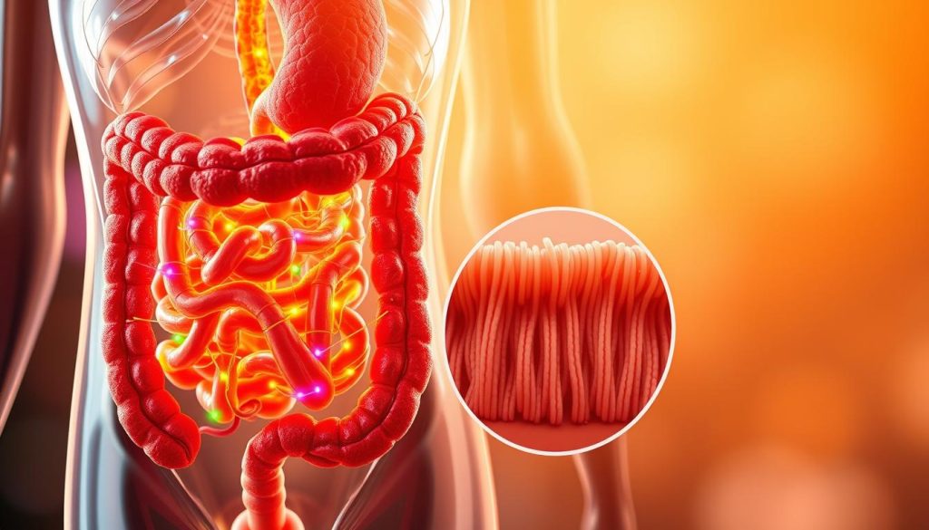 A cross-section of the human digestive system, showcasing the intricate processes of digestibility and nutrient absorption. In the foreground, a detailed illustration of the gastrointestinal tract, with vibrant, pulsing colors representing the flow of enzymes, acids, and nutrients. The middle ground features a microscopic view of the intestinal villi, their delicate structures absorbing essential vitamins and minerals. In the background, a soft, hazy gradient of complementary tones, creating a sense of depth and biological harmony. The scene is illuminated by a warm, natural light, casting subtle shadows and highlighting the dynamic, ever-changing nature of digestion. The overall composition conveys the complexity and efficiency of the human body's remarkable ability to extract maximum nutritional value from the food we consume.