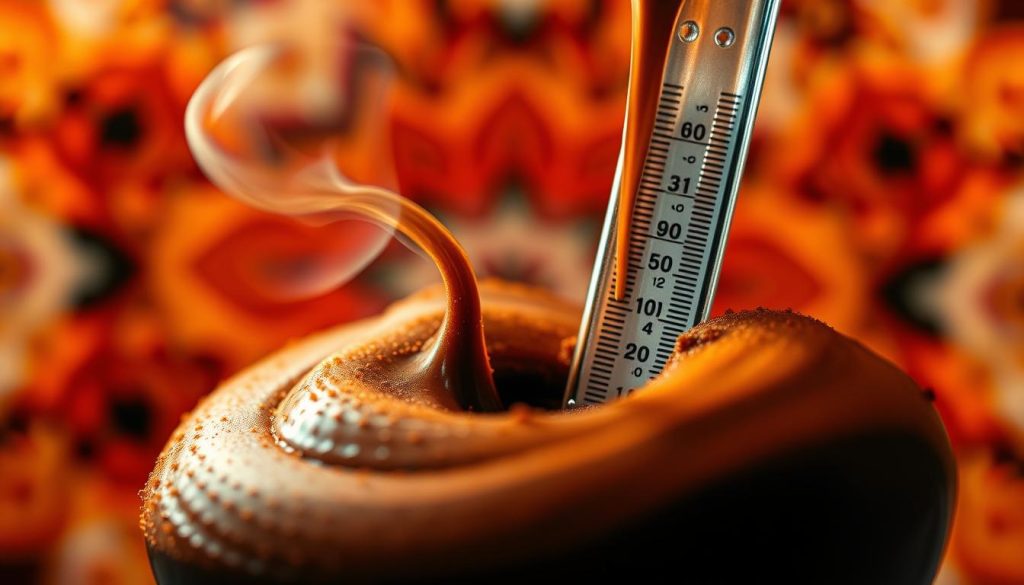 A delicate coffee extraction, a balance of flavors and temperatures. In the foreground, a swirling vortex of rich brown hues, the essence of freshly brewed coffee, its aroma wafting through the air. In the middle ground, a precise thermometer captures the precise temperature, a key factor in unlocking the coffee's complex notes. The background is a vibrant, kaleidoscopic blend of warm tones, reflecting the dynamic process of extraction. Soft, diffused lighting illuminates the scene, casting a cozy, inviting atmosphere. The image conveys the careful science and artistry behind the perfect cup of coffee, a testament to the role of temperature in the coffee extraction process.