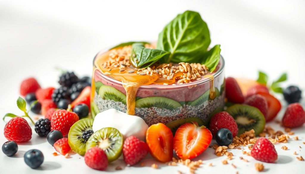 A delightful arrangement of vibrant, layered smoothie ingredients rests on a crisp, white surface, illuminated by soft, natural lighting. In the foreground, a medley of fresh berries, sliced kiwi, and a dollop of creamy yogurt create a captivating visual texture. The middle layer showcases a swirl of vivid green spinach leaves and a drizzle of golden honey, while the background features a scattering of chia seeds and a sprinkle of crunchy granola. The overall composition exudes a sense of balance, harmony, and a tempting invitation to indulge in a nourishing, visually stunning smoothie.