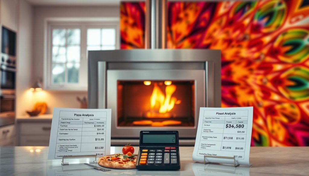 A detailed cost analysis of a built-in pizza oven, illuminated by warm, natural lighting from large windows. In the foreground, a sleek stainless steel oven frame stands against a clean, minimalist kitchen backdrop. Neatly arranged financial documents and calculator reveal the oven's installation and operating costs, juxtaposed with projected savings from homemade pizzas. The middle ground showcases various pizza-making tools and ingredients, hinting at the oven's versatility and potential value. In the background, a vibrant, kaleidoscopic pattern of vibrant colors swirls, symbolizing the dynamic interplay between investment and long-term benefits.