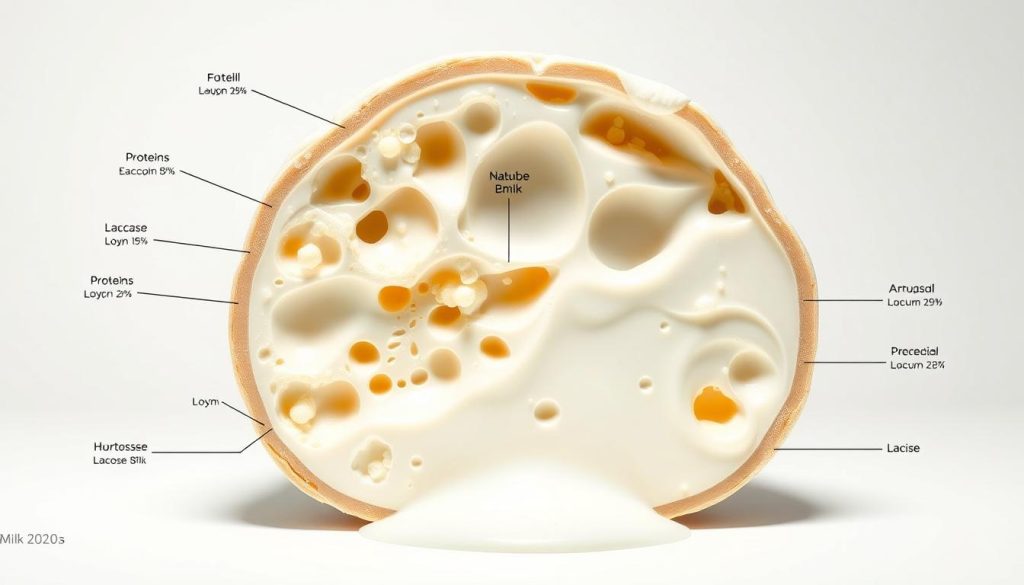 A detailed cross-section of milk composition, showcasing the intricate balance of fats, proteins, lactose, and other key compounds essential for cheesemaking. Crisp, high-resolution rendering with a vibrant color palette, capturing the dynamic interplay of these vital milk components. Precise, labeled diagrams illustrate the precise ratios and distributions, set against a clean, minimalist background that emphasizes the technical nature of the subject matter. Dramatic lighting from multiple angles highlights the depth and complexity of the milk's internal structure, inviting the viewer to explore the science behind this essential ingredient.