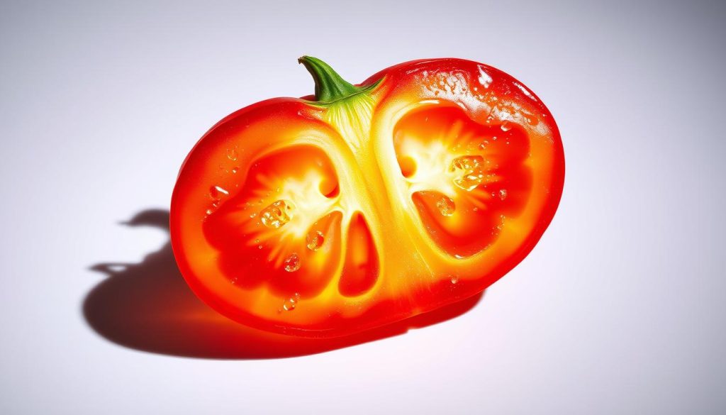 A detailed, cross-sectional illustration showcasing the varying acidity levels within a juicy, ripe tomato. Vibrant hues of red, orange, and yellow flow dynamically, representing the gradients of pH from the skin to the core. Precise, technical lighting casts sharp shadows, emphasizing the tomato's contours and internal structure. The image is captured at a slight angle, providing depth and perspective, allowing the viewer to fully appreciate the nuances of tomato acidity and its crucial role in culinary chemistry.