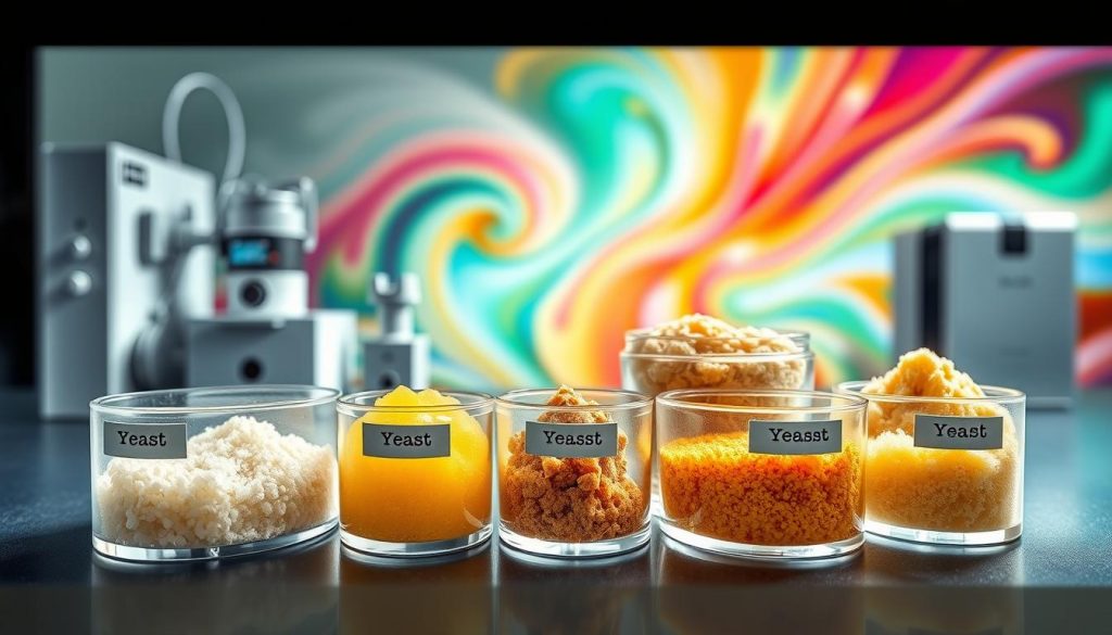 A detailed, high-resolution comparison of different yeast types, showcased in a sleek, scientific arrangement. In the foreground, a variety of yeast strains are presented in neatly labeled petri dishes, each with its unique color and texture. The middle ground features a clean, white laboratory setting with specialized equipment, casting a soft, even light that highlights the samples. In the background, a vibrant, swirling backdrop of moving colors, representing the dynamic and vital nature of yeast's role in bread making. The overall composition conveys a sense of technical expertise and a deep understanding of the crucial function of yeast in the baking process.
