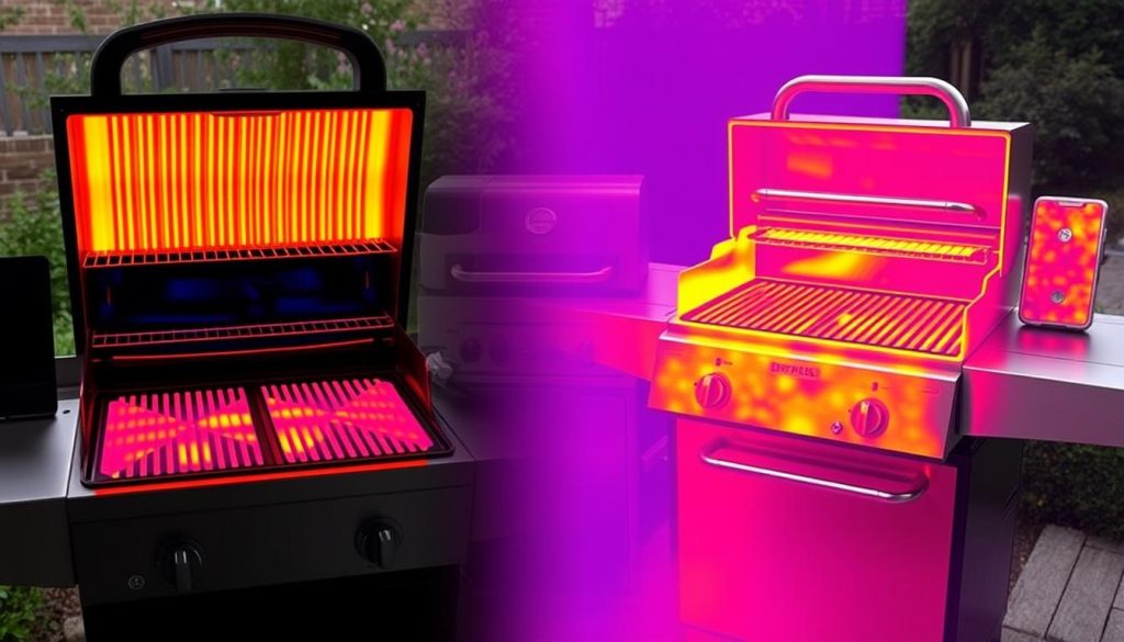 A detailed infrared vs. gas grill heat distribution comparison, showcasing the distinct temperature patterns. In the foreground, an infrared grill radiates even, intense heat across the cooking surface, while the gas grill in the middle displays uneven hot and cool zones. In the background, a thermal imaging camera captures the heat signatures, visualizing the striking differences in heat transfer mechanisms. The scene is bathed in vibrant, moving colors that highlight the contrasting heating profiles, conveying the technical nuances of infrared cooking compared to traditional gas grilling.