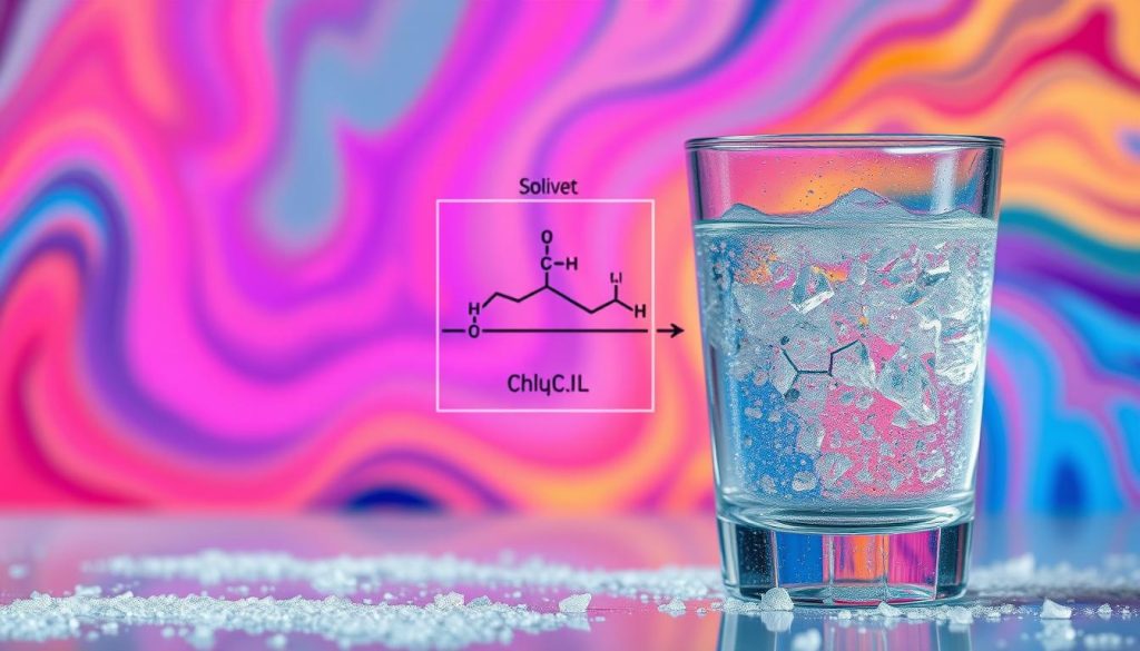 A detailed, multi-layered diagram showcasing the freezing point depression phenomenon. In the foreground, a clear glass filled with a chilled liquid, its surface dotted with icy crystals. In the middle ground, a molecular structure diagram illustrating the interaction between solute and solvent, causing the liquid's freezing point to decrease. The background features a gradient of vibrant, swirling colors - a visual representation of the energy changes associated with this physical-chemical process. Captured with a crisp, high-resolution lens, the scene is bathed in soft, directional lighting that accentuates the clarity and depth of the illustration.