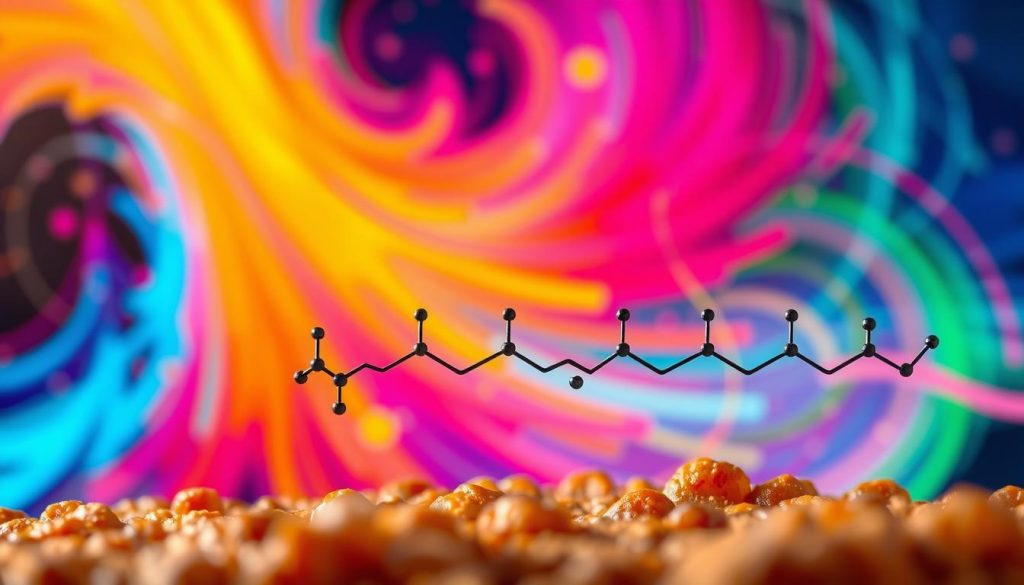 A detailed scientific illustration showcasing the stages of the amino acids and sugars reaction, against a backdrop of vibrant, dynamic colors. The foreground depicts the molecular structures and interactions, with a focus on the various steps involved in the Maillard reaction. The middle ground highlights the chemical transformations, using a clean, technical style. The background features a swirling, abstract display of vivid, energetic hues, reflecting the complexity and vibrancy of the process. Rendered with a sharp, photorealistic style, using a wide-angle lens to capture the scope of the subject matter. The overall mood is one of scientific precision and visual captivation, perfectly suited to illustrate the "The Science Behind the Reaction" section of the article. A detailed scientific illustration showcasing the stages of the amino acids and sugars reaction, against a backdrop of vibrant, dynamic colors. The foreground depicts the molecular structures and interactions, with a focus on the various steps involved in the Maillard reaction. The middle ground highlights the chemical transformations, using a clean, technical style. The background features a swirling, abstract display of vivid, energetic hues, reflecting the complexity and vibrancy of the process. Rendered with a sharp, photorealistic style, using a wide-angle lens to capture the scope of the subject matter. The overall mood is one of scientific precision and visual captivation, perfectly suited to illustrate the "The Science Behind the Reaction" section of the article.