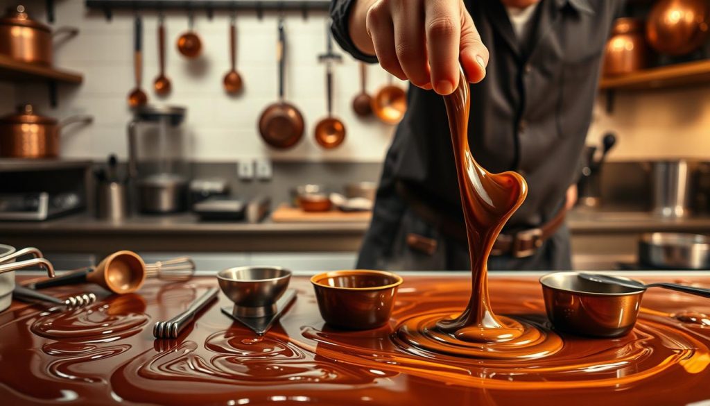 A detailed step-by-step guide to the intricate process of tempering chocolate. In the foreground, a skilled chocolatier expertly manipulates liquid chocolate, tempering it with deft hand movements, as vibrant shades of brown, gold, and copper swirl and dance. In the middle ground, various tempering tools and equipment are neatly arranged, showcasing the technical precision required. The background features a warm, inviting kitchen setting, with copper pots and pans hanging on the walls, and a cozy ambiance created by soft, diffused lighting. The overall scene conveys the delicate artistry and science behind the art of chocolate tempering.