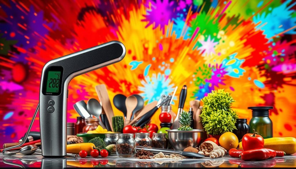 A digital food thermometer set against a vibrant, multicolored background, its sleek metal body and display reflecting a spectrum of exploding hues. The thermometer is positioned at a slight angle, its digital display illuminated and clearly visible. In the middle ground, an array of kitchen tools and ingredients - a mix of utensils, spices, and fresh produce - are arranged in an orderly, yet dynamic composition. The background is a burst of energetic, abstract patterns and shapes, creating a sense of depth and movement that enhances the overall technical and professional atmosphere. Dramatic lighting casts dynamic shadows, emphasizing the precision and calibration of the thermometer. A digital food thermometer set against a vibrant, multicolored background, its sleek metal body and display reflecting a spectrum of exploding hues. The thermometer is positioned at a slight angle, its digital display illuminated and clearly visible. In the middle ground, an array of kitchen tools and ingredients - a mix of utensils, spices, and fresh produce - are arranged in an orderly, yet dynamic composition. The background is a burst of energetic, abstract patterns and shapes, creating a sense of depth and movement that enhances the overall technical and professional atmosphere. Dramatic lighting casts dynamic shadows, emphasizing the precision and calibration of the thermometer.