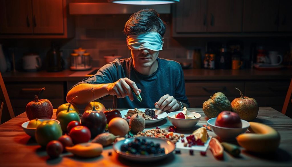 A dimly lit kitchen table, the center stage for a sensory exploration. On the surface, an array of diverse food items - fruits, vegetables, and other delectable morsels. A blindfolded taster sits poised, their senses heightened, as they reach out to touch, smell, and taste each morsel, evaluating its characteristics with a keen, objective gaze. The scene is bathed in a warm, vibrant glow, with subtle shadows and highlights accentuating the taster's focused expression and the textures of the food. The atmosphere is one of curiosity, discovery, and the pursuit of a deeper understanding of the complexities of taste. A dimly lit kitchen table, the center stage for a sensory exploration. On the surface, an array of diverse food items - fruits, vegetables, and other delectable morsels. A blindfolded taster sits poised, their senses heightened, as they reach out to touch, smell, and taste each morsel, evaluating its characteristics with a keen, objective gaze. The scene is bathed in a warm, vibrant glow, with subtle shadows and highlights accentuating the taster's focused expression and the textures of the food. The atmosphere is one of curiosity, discovery, and the pursuit of a deeper understanding of the complexities of taste.