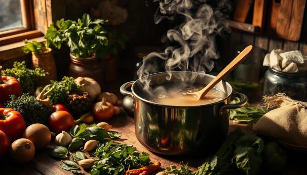 A dimly lit, rustic kitchen countertop with an array of fresh vegetables, herbs, and spices. In the center, a large pot simmers with a rich, fragrant broth. Swirling steam rises, revealing hints of earthy aromatics like onions, garlic, and bay leaves. A wooden spoon dips in, stirring the complex flavors. The scene is bathed in warm, golden light, casting soft shadows that accentuate the textures of the ingredients. The overall mood is one of focused, intentional preparation - a masterful symphony of flavors coming together to create the perfect soup base.