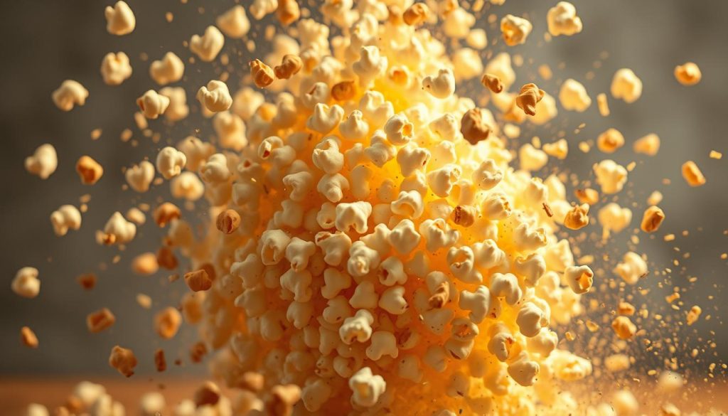 A dramatic popcorn explosion, kernels bursting forth in a vibrant, kaleidoscopic display. Shards of popcorn erupt from the center, their surfaces catching the warm, golden glow of lighting that casts dynamic shadows. The background is blurred, allowing the explosive motion to take center stage, a testament to the power of microwaves interacting with the delicate molecular structure of this beloved snack. Captured in mid-air, the popcorn pieces seem to float, frozen in time, a mesmerizing visual representation of the science behind this familiar phenomenon.