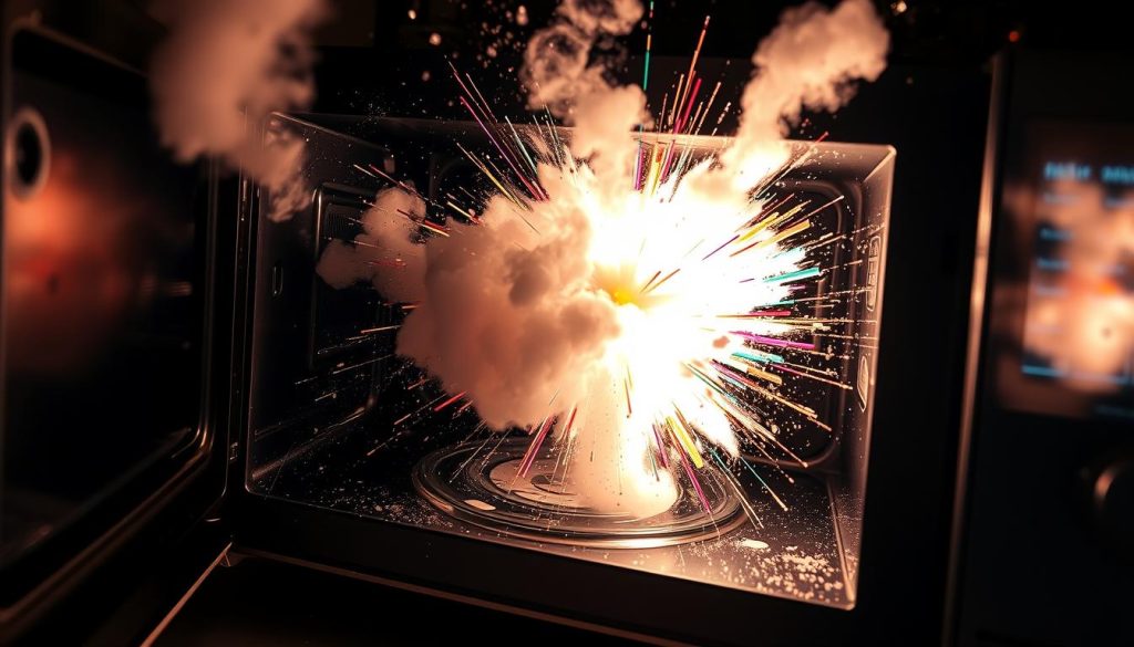 A dramatic scene of a microwave oven mid-explosion, with steam billowing out from the ruptured door and vivid bursts of multicolored energy radiating from the interior. Bright, intense lighting illuminates the turbulent motion, casting sharp shadows and highlights across the distorted metal surfaces. The camera angle is low, capturing the chaotic event from an up-close, almost unsettling perspective that draws the viewer into the heart of the action. An overwhelming sense of power and volatility permeates the atmosphere, perfectly encapsulating the factors that can cause food to explosively react within the confines of a microwave appliance.