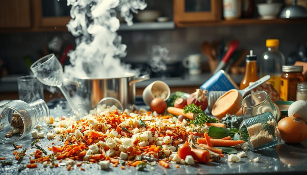 A dynamic kitchen counter scene, with various ingredients and kitchen tools strewn about in a disorderly fashion. In the foreground, a large pot simmers on the stove, steam billowing upwards and obscuring the details. Shattered glass, spilled liquids, and overturned containers litter the surface, conveying a sense of chaos and mistake-making. The middle ground features a range of common soup ingredients, such as chopped onions, carrots, and herbs, all in a state of disarray. The background is blurred, hinting at the bustling kitchen environment. Dramatic, vibrant lighting casts dramatic shadows, emphasizing the tension and urgency of the scene. An overall impression of a soup base gone awry, with the technical details suggesting an incorrect water-to-ingredient ratio.
