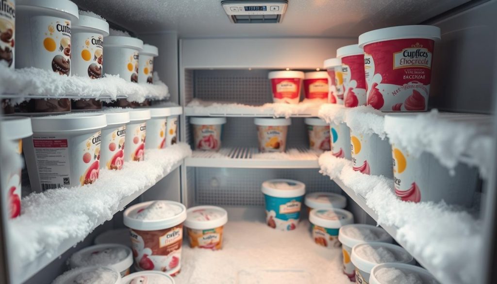 A frost-covered freezer unit, its shelves stocked with cartons and tubs of various ice cream flavors. Soft, diffuse lighting casts a warm glow, highlighting the crystalline textures of the frozen desserts. The interior temperature is precisely monitored, keeping the contents at the optimal cryogenic state to prevent the formation of unwanted ice crystals that could compromise the creamy mouthfeel. The scene exudes a sense of controlled, scientific preservation, where every detail has been meticulously considered to ensure the perfect storage conditions for the delectable frozen treats.