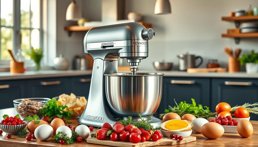 A gleaming Kenwood Cooking Chef stand mixer stands prominently in the foreground, its brushed metal body and sleek design capturing the eye. The mixer is surrounded by an array of colorful baking ingredients - vibrant eggs, fresh berries, and vibrant herbs - creating a visually dynamic and appetizing scene. The middle ground features a well-stocked kitchen counter, with various culinary tools and utensils, all bathed in warm, natural lighting that casts a cozy, inviting glow. In the background, a modern, spacious kitchen with clean lines and large windows offers a glimpse of the wider environment, hinting at the versatility and capabilities of this premium stand mixer.