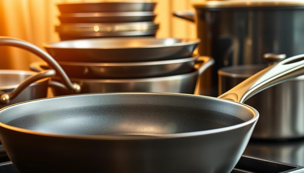 A gleaming array of carbon steel cookware, bathed in warm, natural lighting. In the foreground, a sauté pan with a smooth, matte-black finish, its flared sides and sturdy handle hinting at its responsive heat conduction. In the middle ground, a stack of skillets, their sloped sides and polished surfaces reflecting the light with a subtle sheen. In the background, a dutch oven and a stockpot, their heavy-duty construction suggesting their ability to retain and distribute heat evenly. The scene exudes a sense of quality, durability, and efficient heat responsiveness - the hallmarks of premium carbon steel cookware.