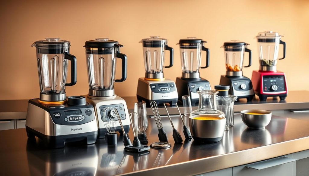 A gleaming array of high-performance blenders sits atop a sleek stainless steel counter, bathed in warm, diffused lighting. The foreground features a selection of premium models, their sleek profiles and vibrant coloured accents subtly hinting at their power and versatility. In the middle ground, a range of blades and attachments are artfully arranged, showcasing the versatility of these machines for whipping up velvety smooth soups. The background fades into a soft, muted colour palette, allowing the blenders to take center stage and exude a sense of culinary sophistication.