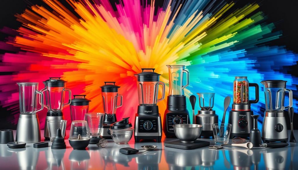 A gleaming collection of versatile blenders with an array of sleek attachments and accessories, artfully arranged against a vibrant, exploding backdrop of dynamic colors. The foreground showcases a range of blender pitchers, blades, and lids in modern, minimalist designs. In the middle ground, various mixing bowls, measuring cups, and spatulas complement the blenders, hinting at the breadth of culinary possibilities. The background pulses with an energetic spectrum of vivid hues, emanating a sense of creativity and culinary inspiration. Dramatic lighting casts dramatic shadows, accentuating the clean lines and premium materials of these must-have blender accessories.