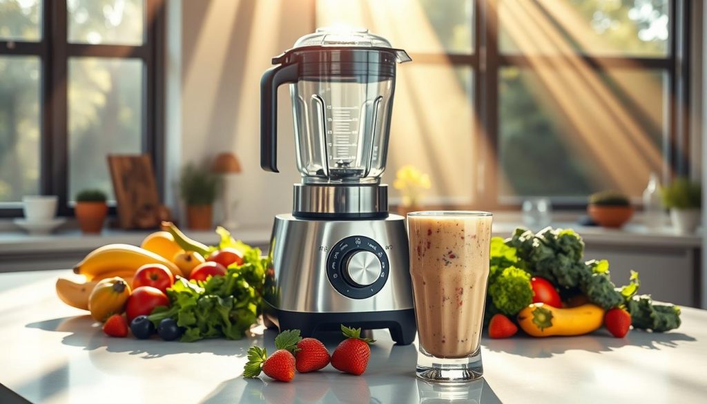 A gleaming high-performance blender sits prominently on a sleek kitchen counter, surrounded by fresh fruit, leafy greens, and other vibrant ingredients. Beams of light cascade through large windows, casting a warm, golden glow over the scene. The blender's advanced controls and stainless steel body suggest precision and power, perfectly suited for crafting flawless smoothies. In the foreground, a glass overflows with a creamy, nutrient-dense blend, its colors exploding with the vibrant hues of nature. The overall atmosphere radiates a sense of health, wellness, and culinary mastery, inviting the viewer to experience the joy of blending the perfect smoothie.