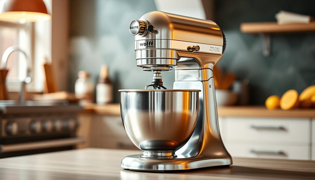 A gleaming, metallic Wolf Gourmet stand mixer stands prominently in the center of the frame, its sleek body and sturdy stainless steel construction reflecting the warm, vibrant lighting. Intricate details, such as the sturdy mixing bowl, powerful motor, and range of attachments, are visible, showcasing the mixer's impressive capabilities. The background is blurred, drawing the viewer's attention to the star of the scene - the Wolf Gourmet stand mixer, a testament to precision engineering and a must-have for any home baker's kitchen.