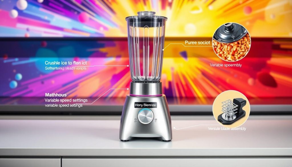 A glossy, multi-purpose blender sits on a crisp white countertop, its various functions and features prominently displayed. The blender's body gleams in a metallic silver finish, complemented by vibrant splashes of color highlighting its specialized capabilities - from crushing ice to pureeing soups. Detailed insets showcase the blender's variable speed settings, removable components, and versatile blade assembly, all against a backdrop of an explosively colorful, abstract gradient. The scene is evenly lit, capturing every nuance of the blender's sleek, modern design and multifunctional prowess.