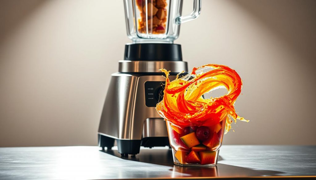 A heavy-duty commercial blender stands prominently on a stainless steel countertop, its powerful motor and sturdy base promising intense blending capabilities. The brushed metal exterior gleams under bright, directional lighting, casting dramatic shadows and highlights that accentuate the blender's robust, industrial design. In the vibrant foreground, the blender's large pitcher is filled with a whirlpool of colorful, freshly blended ingredients, the contents swirling with an almost explosive energy. The background fades into a soft, neutral palette, keeping the focus squarely on the blender's impressive form and function.