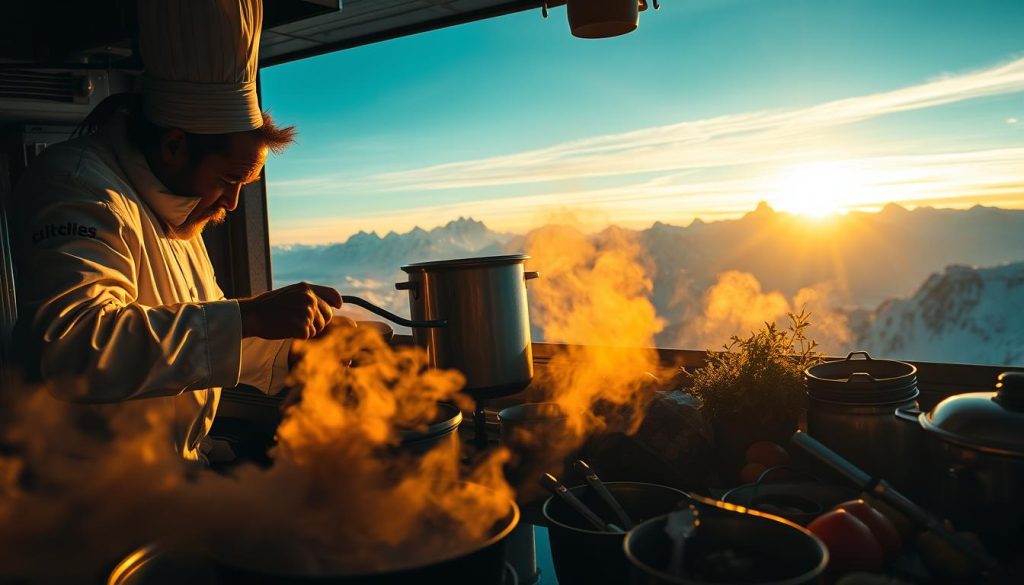 A high-altitude kitchen scene, bathed in warm, vibrant hues. In the foreground, a chef battles with a boiling pot, steam swirling around them as they adjust the intensity of the flame. The middle ground reveals an array of ingredients, their colors amplified by the thin, crisp mountain air. In the background, snow-capped peaks rise, casting a serene, contemplative atmosphere over the culinary challenges. The scene is captured with a wide-angle lens, emphasizing the scale and grandeur of the environment. Dramatic lighting creates deep shadows and highlights, adding depth and drama to the image.