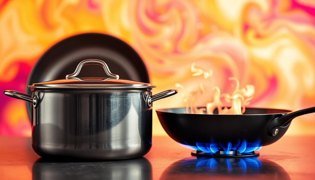A high-contrast still life showcasing the distinct features of cast iron and stainless steel cookware. In the foreground, a gleaming stainless steel pot and a well-seasoned cast iron skillet, their surfaces catching the warm, dramatic lighting. The middle ground reveals their contrasting thermal properties, with the cast iron sizzling over a flame while the stainless steel remains cool to the touch. The background fades into a vibrant, abstract swirl of colors, emphasizing the dynamic nature of these cooking materials. The composition highlights their unique strengths, inviting the viewer to compare and appreciate the nuances of these essential kitchen tools.