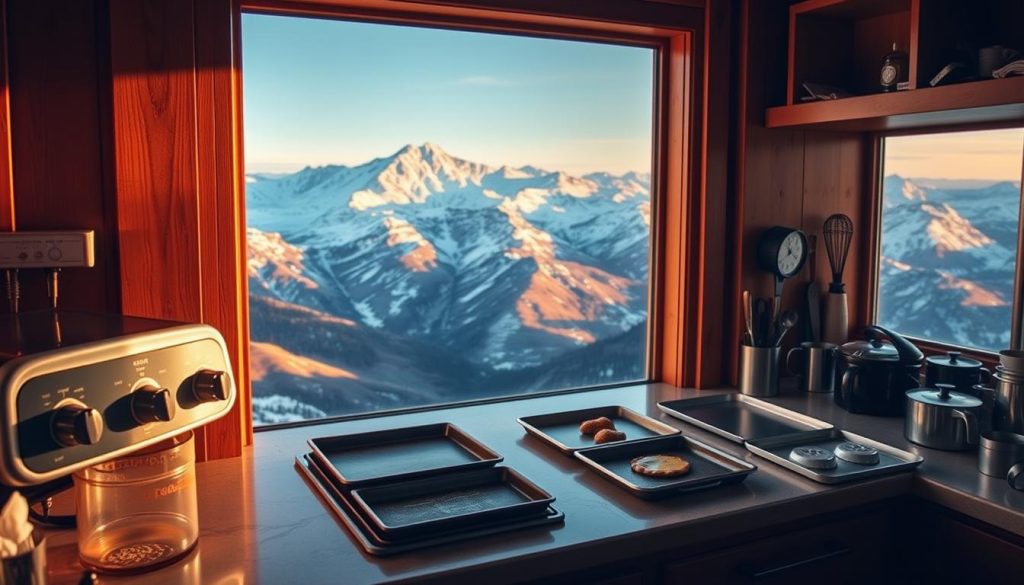 A high-elevation kitchen counter, illuminated by warm, natural lighting from tall windows. On the counter, a vintage-style oven, its knobs and dials gleaming. Beside it, a set of baking trays, a timer, and an assortment of cooking tools. In the background, a panoramic view of snow-capped mountains, their peaks bathed in vibrant, shifting hues. The scene conveys a sense of experimentation and exploration, as the chef adjusts the oven's temperature and settings to adapt their recipes to the challenges of high-altitude cooking.