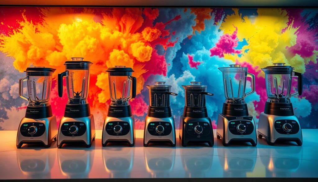 A high-end kitchen countertop with a row of state-of-the-art blenders, showcasing their sleek designs and futuristic features. The blenders are illuminated from above by warm, directional lighting, casting dynamic shadows and highlighting their controls and components. The background is a vibrant, abstract explosion of complementary colors, creating a dynamic and visually striking contrast. The blenders are arranged in a way that invites comparison, allowing the viewer to appreciate their unique capabilities and aesthetics. The overall scene conveys a sense of high-performance, innovation, and the latest advancements in the world of kitchen appliances.