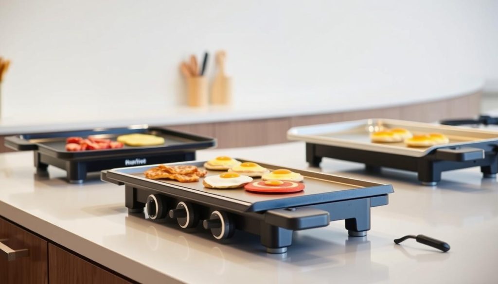 A high-quality comparison of top electric griddle models, showcased on a sleek, modern kitchen counter. In the foreground, three griddles in varying sizes and designs are arranged neatly, their polished surfaces reflecting the warm, diffused lighting. The middle ground features a variety of breakfast ingredients, such as bacon, eggs, and pancakes, suggesting the griddles' versatility. In the background, a crisp, white wall provides a clean, minimalist backdrop, allowing the griddles and their culinary potential to take center stage. The vibrant, moving colors of the food and the gleaming metal of the griddles create a dynamic, appetizing scene, enticing the viewer to explore the top models in detail.