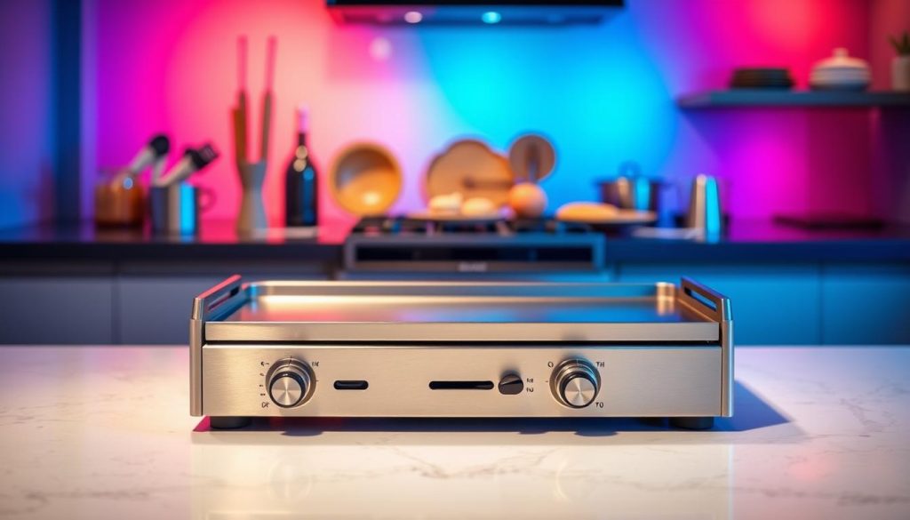 A high-quality, detailed image of an "electric griddle buyer's guide". The scene depicts a sleek, modern kitchen counter with a central focus on a professional-grade electric griddle in the foreground. The griddle has a brushed stainless steel finish and distinct temperature controls, showcasing its premium features. The mid-ground includes various kitchen tools and utensils, hinting at the versatility of the griddle. The background features a vibrant, colorful gradient in shades of blue, purple, and pink, creating an eye-catching, dynamic atmosphere. Soft, directional lighting illuminates the scene, emphasizing the griddle's reflective surfaces and the overall high-end, culinary aesthetic. The image conveys a sense of modern sophistication and the griddle's ability to elevate the breakfast cooking experience.