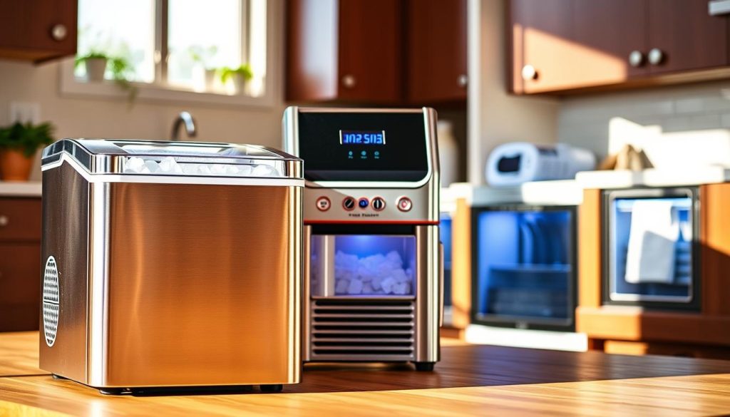A high-quality still life image showcasing various types of modern home ice makers. In the foreground, a sleek stainless steel countertop ice maker with a transparent ice bin. In the middle ground, a freestanding portable ice machine with digital controls and a compact design. In the background, a built-in undercounter ice maker integrated seamlessly into the kitchen cabinetry. The lighting is warm and natural, highlighting the vibrant moving colors and textures of the ice makers. The overall scene conveys the diversity of options available for home kitchens, presented in a visually appealing and informative manner.
