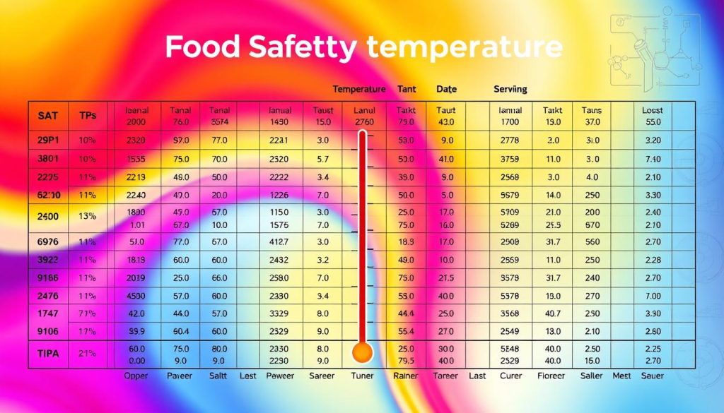 A highly detailed, scientifically accurate food safety temperature chart against a vibrant, dynamic background. The chart displays precise temperature ranges for safe food storage and preparation, presented with a sophisticated, minimalist aesthetic. The foreground showcases the temperature data in a clear, legible format, while the middle ground features bold, flowing colors that subtly evoke the transformative power of time and temperature on flavors. The background blends a soft, gradient-based color palette with subtle hints of scientific diagrams or schematics, creating an atmosphere of authoritative knowledge and culinary expertise.
