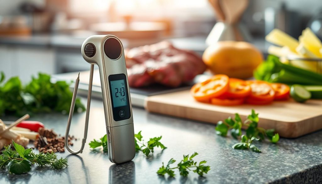 A kitchen counter bathed in warm, natural light. In the foreground, a digital cooking thermometer stands prominently, its sleek metal body gleaming. Surrounding it, a collection of fresh herbs, spices, and a juicy cut of meat, all the essential elements for a culinary masterpiece. In the midground, a cutting board with precision-sliced vegetables, hinting at the delicate preparation required. The background is a soft blur of cookware and utensils, creating a sense of an organized, professional kitchen. The thermometer is the focal point, its display illuminated, showcasing the ideal temperature for perfectly cooked protein, a testament to the importance of precise temperature control in gourmet cooking. A kitchen counter bathed in warm, natural light. In the foreground, a digital cooking thermometer stands prominently, its sleek metal body gleaming. Surrounding it, a collection of fresh herbs, spices, and a juicy cut of meat, all the essential elements for a culinary masterpiece. In the midground, a cutting board with precision-sliced vegetables, hinting at the delicate preparation required. The background is a soft blur of cookware and utensils, creating a sense of an organized, professional kitchen. The thermometer is the focal point, its display illuminated, showcasing the ideal temperature for perfectly cooked protein, a testament to the importance of precise temperature control in gourmet cooking.