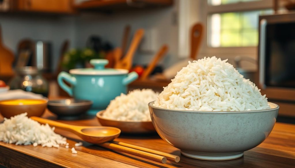 A kitchen counter filled with various kitchen tools and ingredients, including a bowl of freshly cooked, sticky white rice, a wooden spoon, and a pair of chopsticks. The lighting is warm and inviting, casting a soft glow over the scene. The background is slightly blurred, but there are hints of other kitchen appliances and a window, suggesting a cozy, homely atmosphere. The colors are vibrant and alive, with the white rice contrasting beautifully against the wooden and metallic accents. The composition is balanced and draws the viewer's attention to the troubleshooting process, hinting at the common mistakes and solutions for achieving the perfect sticky rice.