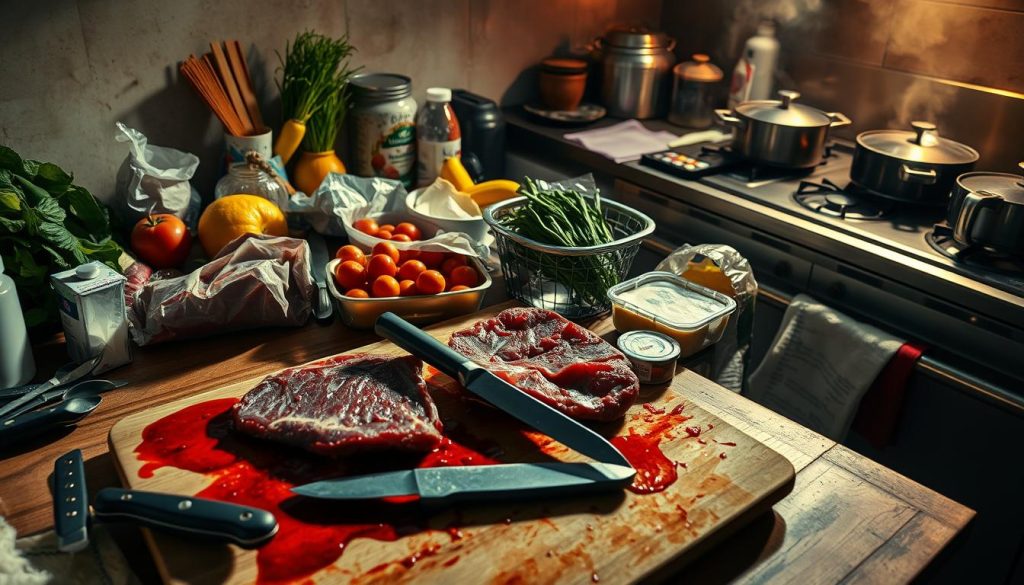 A kitchen counter overflowing with hazardous food items, cross-contamination risks evident. In the foreground, a cutting board stained with raw meat juices, knives and utensils carelessly strewn about. The middle ground features opened packages of spoiled produce, unrefrigerated dairy products, and unwashed hands reaching for them. In the background, a sink filled with dirty dishes and a stovetop with simmering pots, steam rising. Vibrant, moving colors shift between sickly greens, reds, and yellows, conveying the unseen dangers of poor food safety practices. Dramatic low-angle lighting casts long shadows, emphasizing the gravity of the scene. An ominous atmosphere permeates the frame, a cautionary tale of the consequences of neglecting essential kitchen hygiene.