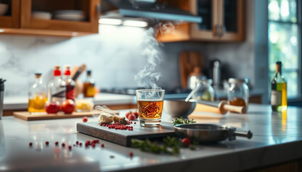 A kitchen counter top showcased under bright, diffused lighting. Atop the counter, a small glass of amber-colored liquid, steam rising from its surface, surrounded by various cooking ingredients and utensils. The scene conveys a sense of experimentation and discovery, as the viewer contemplates the interplay between alcohol and the culinary arts. The overall atmosphere is one of vibrant, swirling colors that suggest the dynamic, transformative nature of cooking with spirits. A careful, scientific exploration of the myths and realities of this technique.