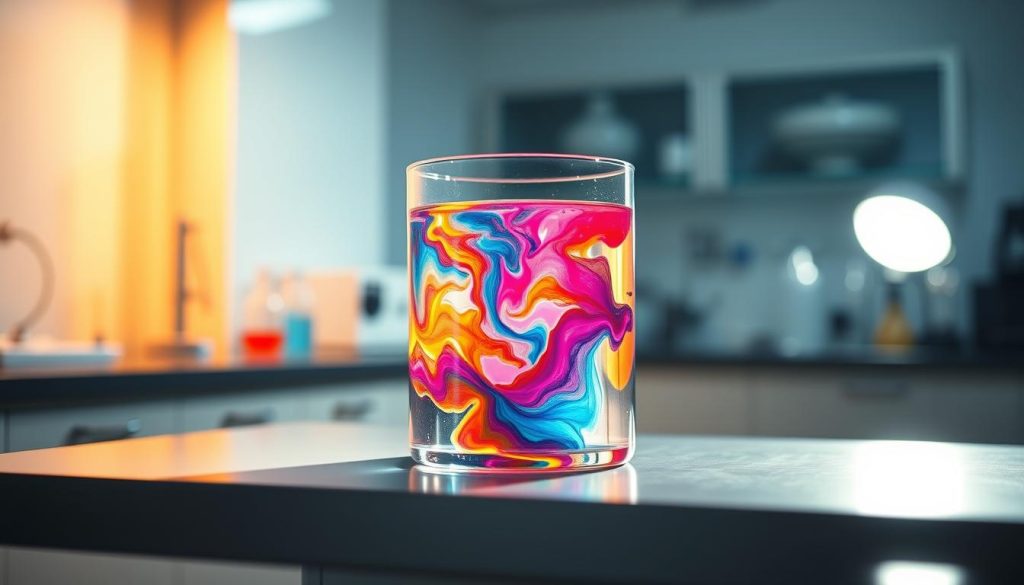 A laboratory scene with a clear glass container filled with a colorful density polarity experiment. The container is positioned on a sleek metal tabletop, illuminated by a bright, directional light that casts dynamic shadows and highlights the swirling, vibrant hues within. The background features a clean, minimalist scientific environment, with blurred lab equipment and instruments visible in the distance, creating a sense of depth and context. The overall mood is one of scientific intrigue and visual fascination, capturing the essence of the "Kitchen Lava Lamps: Oil vs. Water - Understanding the Science Behind the Magic" section.