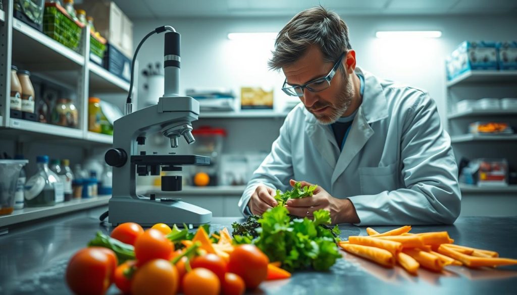 A laboratory setting with a researcher in a white coat examining frozen vegetable samples under a microscope. Bright, diffused lighting illuminates the scene, casting a soft, scientific glow. The vegetables are displayed on a clean, stainless steel counter, their vibrant colors and textures captured in sharp detail. The background features shelves of scientific equipment and tools, hinting at the rigorous analysis and testing involved in nutrient retention studies. The overall atmosphere conveys a sense of scientific inquiry and the pursuit of understanding the nutritional properties of frozen produce.